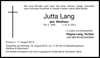 Traueranzeige von Jutta Lang von Neue Presse Coburg