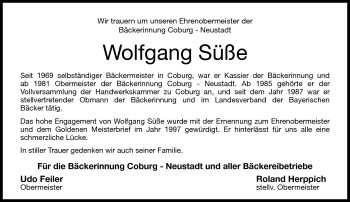 Traueranzeige von Wolfgang Süße von Neue Presse Coburg