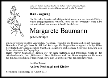Traueranzeige von Margarete Baumann von Südthüringer Presse