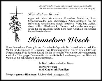 Traueranzeige von Hannelore Wesch von Südthüringer Presse
