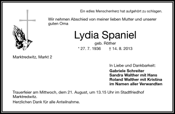 Traueranzeige von Lydia Spaniel von Frankenpost