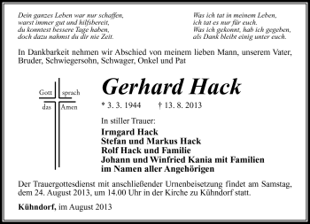 Traueranzeige von Gerhard Hack von Südthüringer Presse