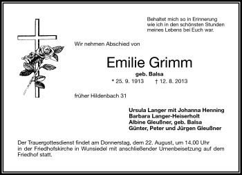 Traueranzeige von Emilie Grimm von Frankenpost