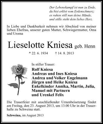 Traueranzeige von Lieselotte Kniesa von Südthüringer Presse