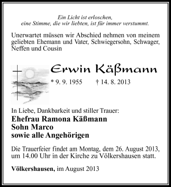 Traueranzeige von Erwin Käßmann von Südthüringer Presse