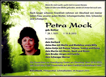 Traueranzeige von Petra Mock von Südthüringer Presse