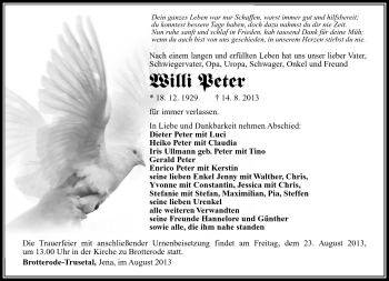 Traueranzeige von Willi Peter von Südthüringer Presse