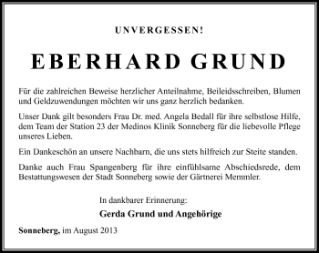 Traueranzeige von Eberhard Grund von Südthüringer Presse