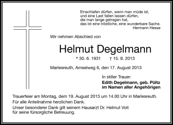 Traueranzeige von Helmut Degelmann von Frankenpost