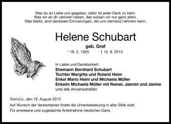 Traueranzeige von Helene Schubart von Neue Presse Coburg