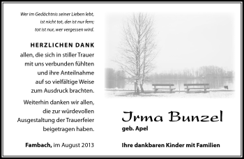 Traueranzeige von Irma Bunzel von Südthüringer Presse