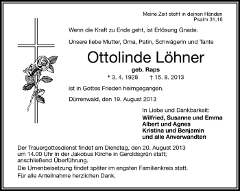 Traueranzeige von Ottolinde Löhner von Frankenpost