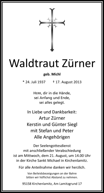 Traueranzeige von Waltraud Zürner von Frankenpost