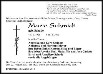 Traueranzeige von Marie Schmidt von Südthüringer Presse