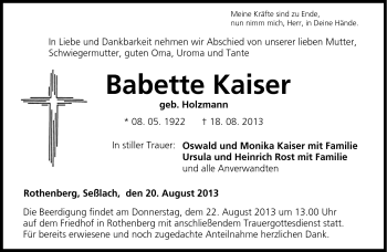 Traueranzeige von Babette Kaiser von Neue Presse Coburg