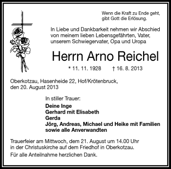 Traueranzeige von Arno Reichel von Frankenpost