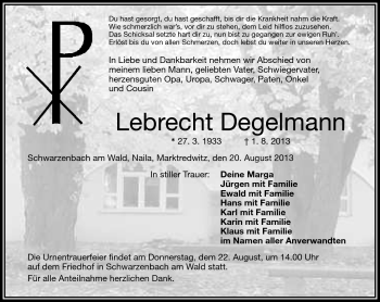 Traueranzeige von Lebrecht Degelmann von Frankenpost