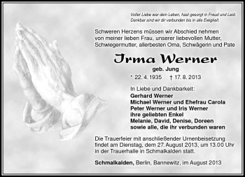 Traueranzeige von Irma Werner von Südthüringer Presse