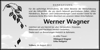 Traueranzeige von Werner Wagner von Südthüringer Presse