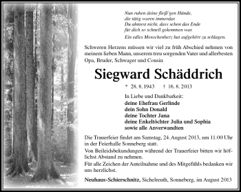 Traueranzeige von Siegward Schäddrich von Südthüringer Presse