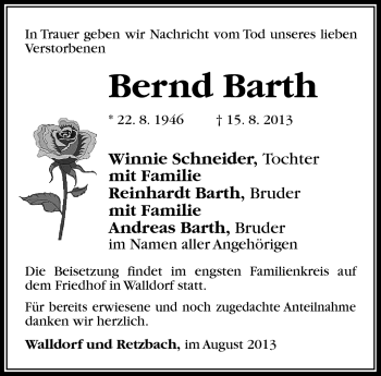 Traueranzeige von Bernd Barth von Südthüringer Presse