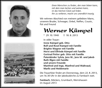 Traueranzeige von Werner Kümpel von Südthüringer Presse