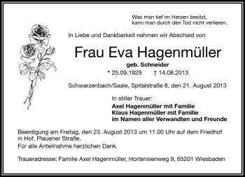 Traueranzeige von Eva Hagenmüller von Frankenpost