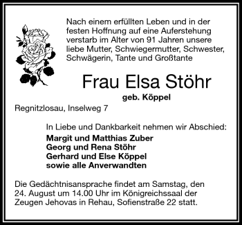 Traueranzeige von Elsa Stöhr von Frankenpost
