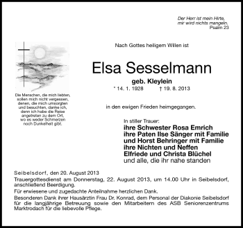 Traueranzeige von Elsa Sesselmann von Neue Presse Coburg