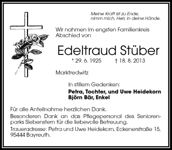 Traueranzeige von Edeltraud Stüber von Frankenpost