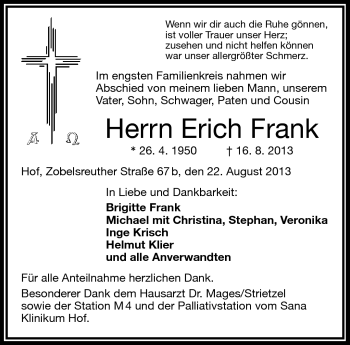 Traueranzeige von Erich Frank von Frankenpost