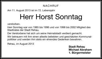 Traueranzeige von Horst Sonntag von Frankenpost