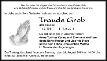 Traueranzeige von Traude Grob von Südthüringer Presse