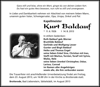 Traueranzeige von Kurt Baldauf von Südthüringer Presse