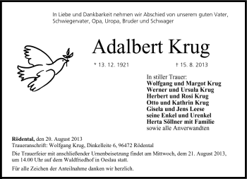 Traueranzeige von Adalbert Krug von Neue Presse Coburg