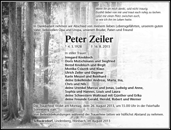 Traueranzeige von Peter Zeiler von Südthüringer Presse