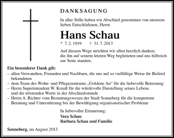 Traueranzeige von Hans Schau von Südthüringer Presse