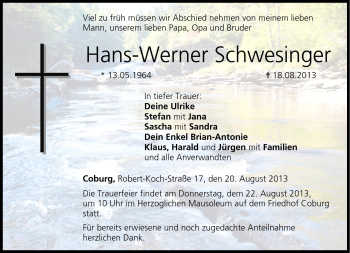 Traueranzeige von Hans-Werner Schwesinger von Neue Presse Coburg