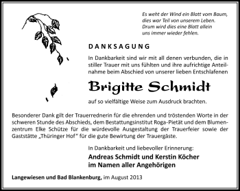 Traueranzeige von Brigitte Schmidt von Südthüringer Presse