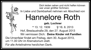 Traueranzeige von Hannelore Roth von Frankenpost