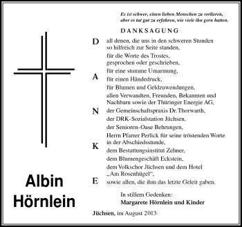 Traueranzeige von Albin Hörnlein von Südthüringer Presse