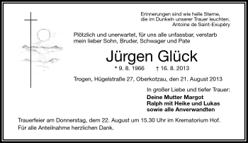 Traueranzeige von Jürgen Glück von Frankenpost