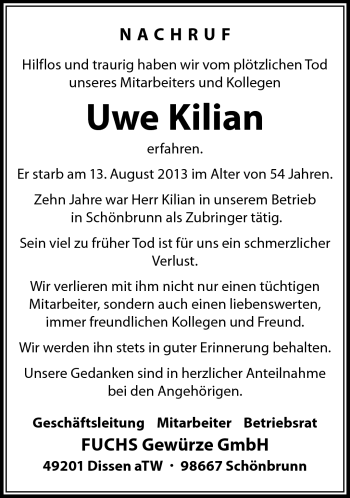 Traueranzeige von Uwe Kilian von Südthüringer Presse