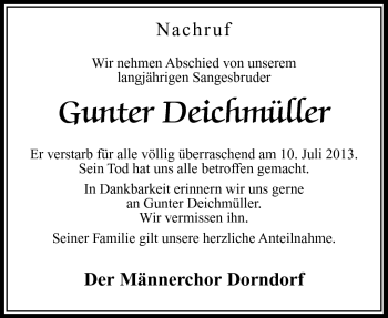 Traueranzeige von Gunter Deichmüller von Südthüringer Presse