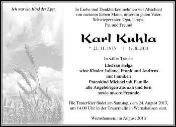 Traueranzeige von Karl Kuhla von Südthüringer Presse