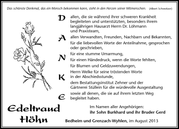 Traueranzeige von Edeltraud höhn von Südthüringer Presse