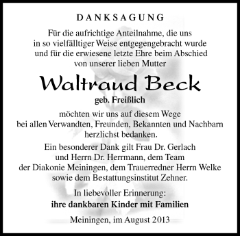 Traueranzeige von Waltraud Beck von Südthüringer Presse