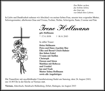 Traueranzeige von Irene Hellmann von Südthüringer Presse