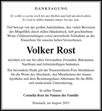Traueranzeige von Volker Rost von Südthüringer Presse