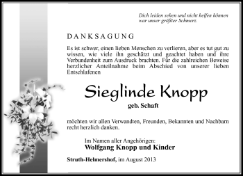 Traueranzeige von Sieglinde Knopp von Südthüringer Presse